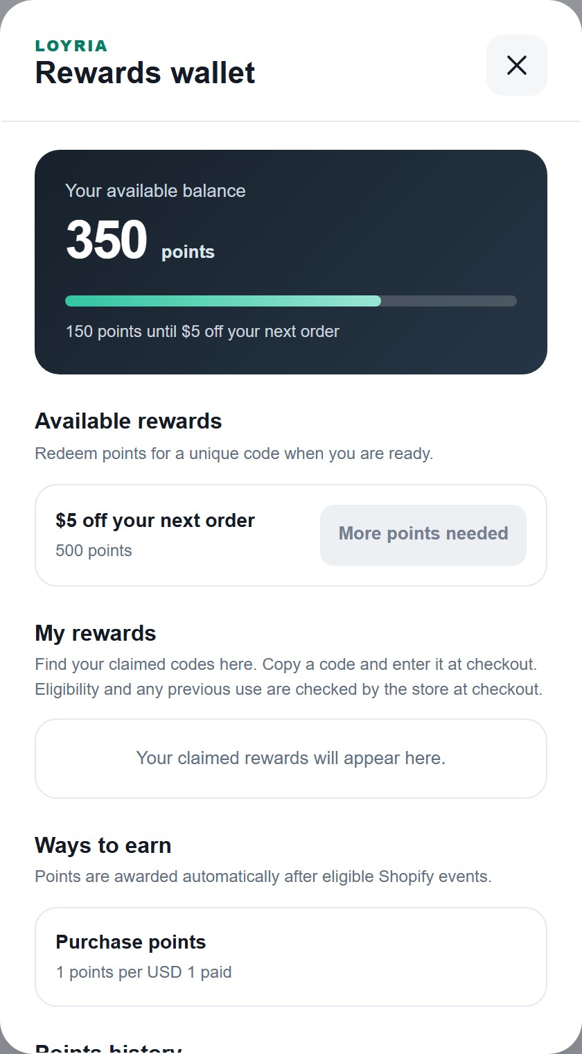 Loyria wallet example: 350 points and progress toward a 500-point, five-dollar reward